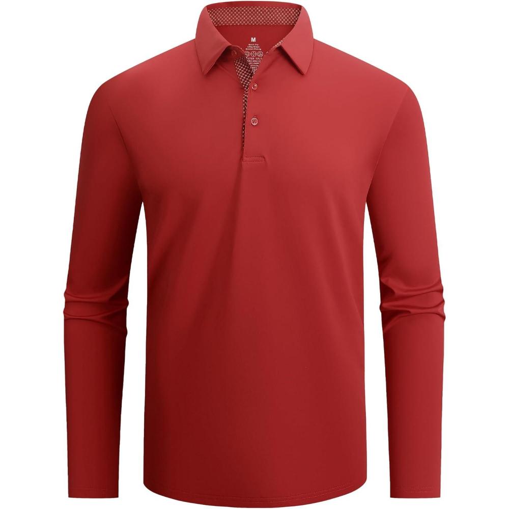 imageAlex Vando Mens Golf Shirt Moisture Wicking QuickDry Solid Long Sleeve Polo Shirts for MenRed 09