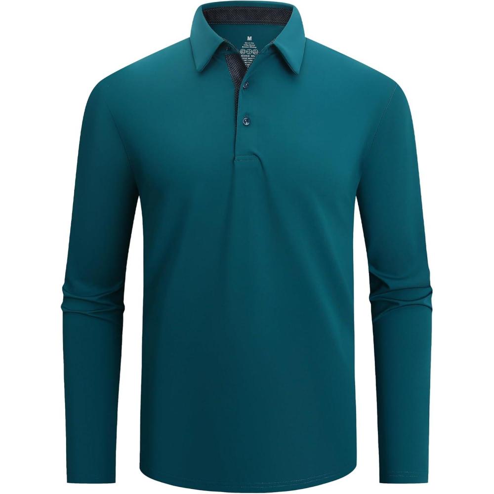 imageAlex Vando Mens Golf Shirt Moisture Wicking QuickDry Solid Long Sleeve Polo Shirts for MenTeal 09
