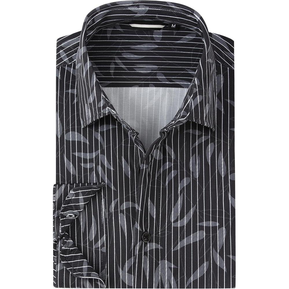 imageAlex Vando Mens Print Button Down Shirts Breathable Long Sleeve Regular Fit Knit Dress Shirts for MenBlack Leaf