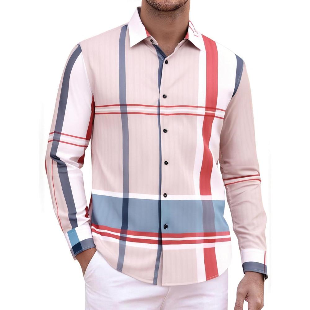 imageAlex Vando Mens Print Plaid Button Down Shirts Wrinkle Free 4Way Stretch Casual Dress Shirt for MenRedGrey
