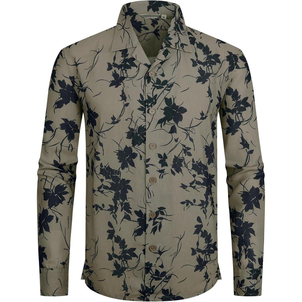 imageAlex Vando Mens Printed Dress Shirts Long Sleeve Regular Fit Button Down ShirtLs Khaki Leaf