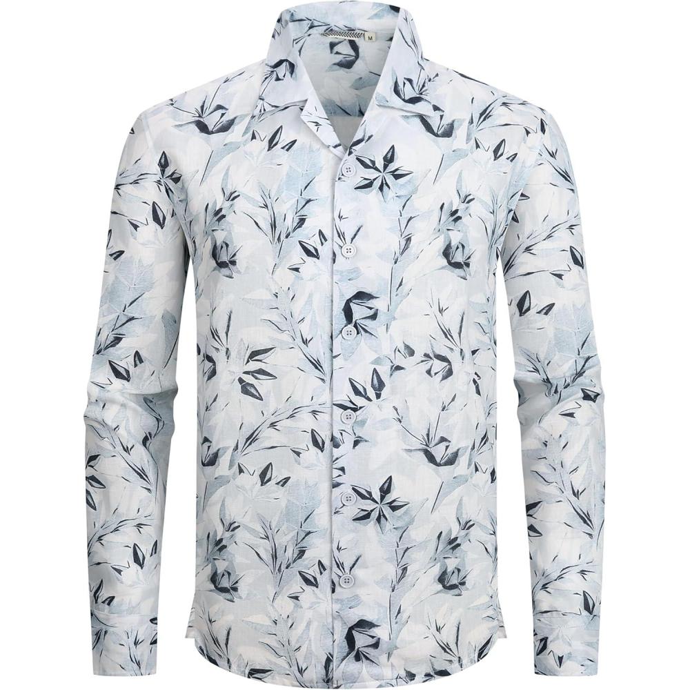 imageAlex Vando Mens Printed Dress Shirts Long Sleeve Regular Fit Button Down ShirtLs White Leaf