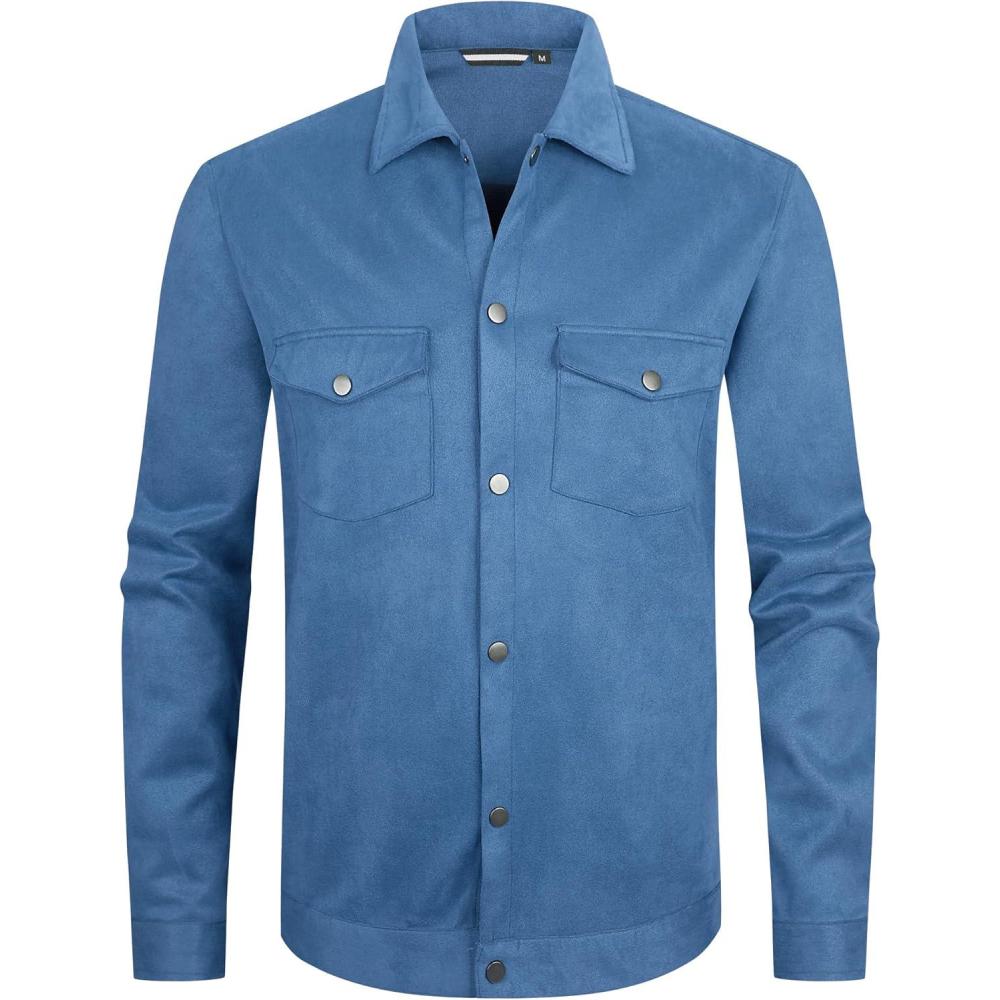 imageAlex Vando Mens Suede Shirt Jackets Long Sleeve Two Pockets Snap Casual Button Down ShirtsBlue