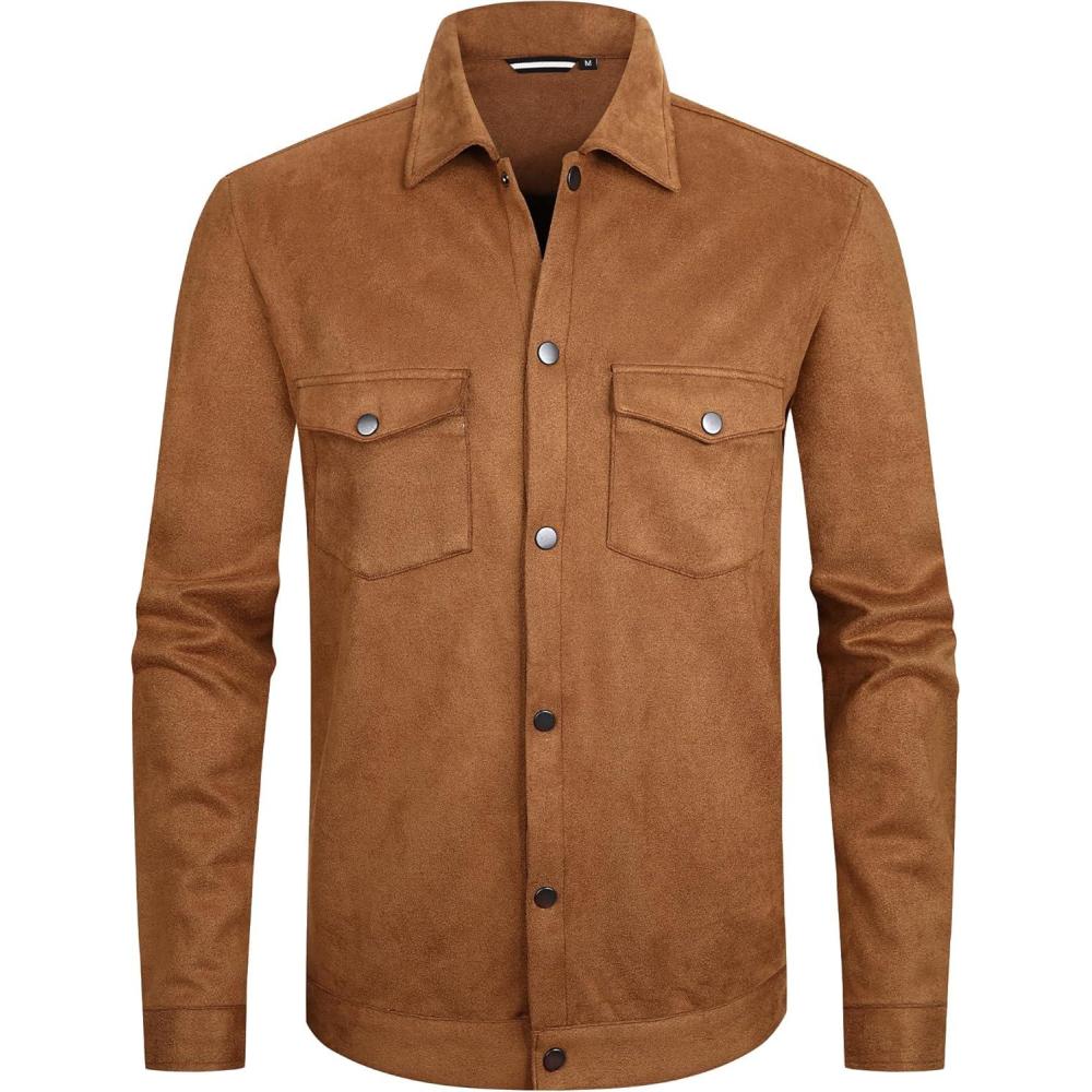 imageAlex Vando Mens Suede Shirt Jackets Long Sleeve Two Pockets Snap Casual Button Down ShirtsBrown