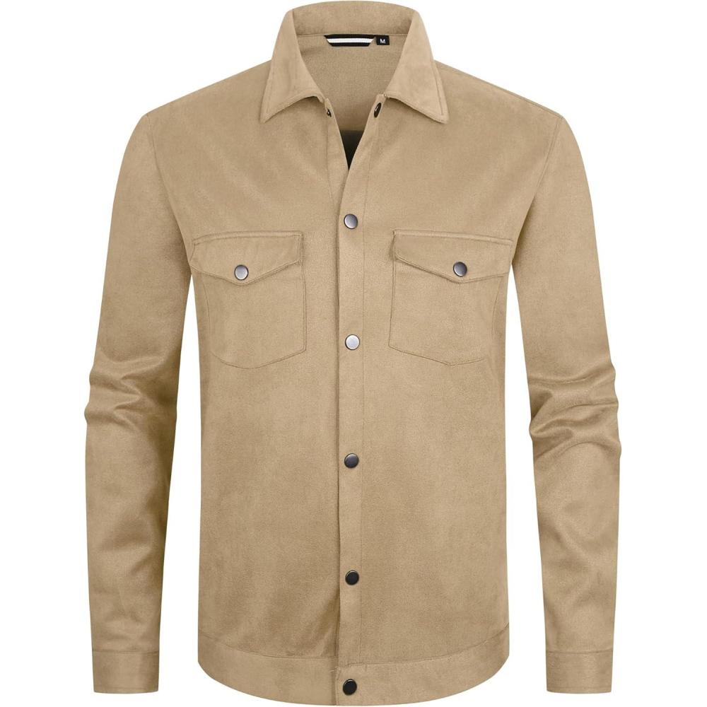 imageAlex Vando Mens Suede Shirt Jackets Long Sleeve Two Pockets Snap Casual Button Down ShirtsKhaki