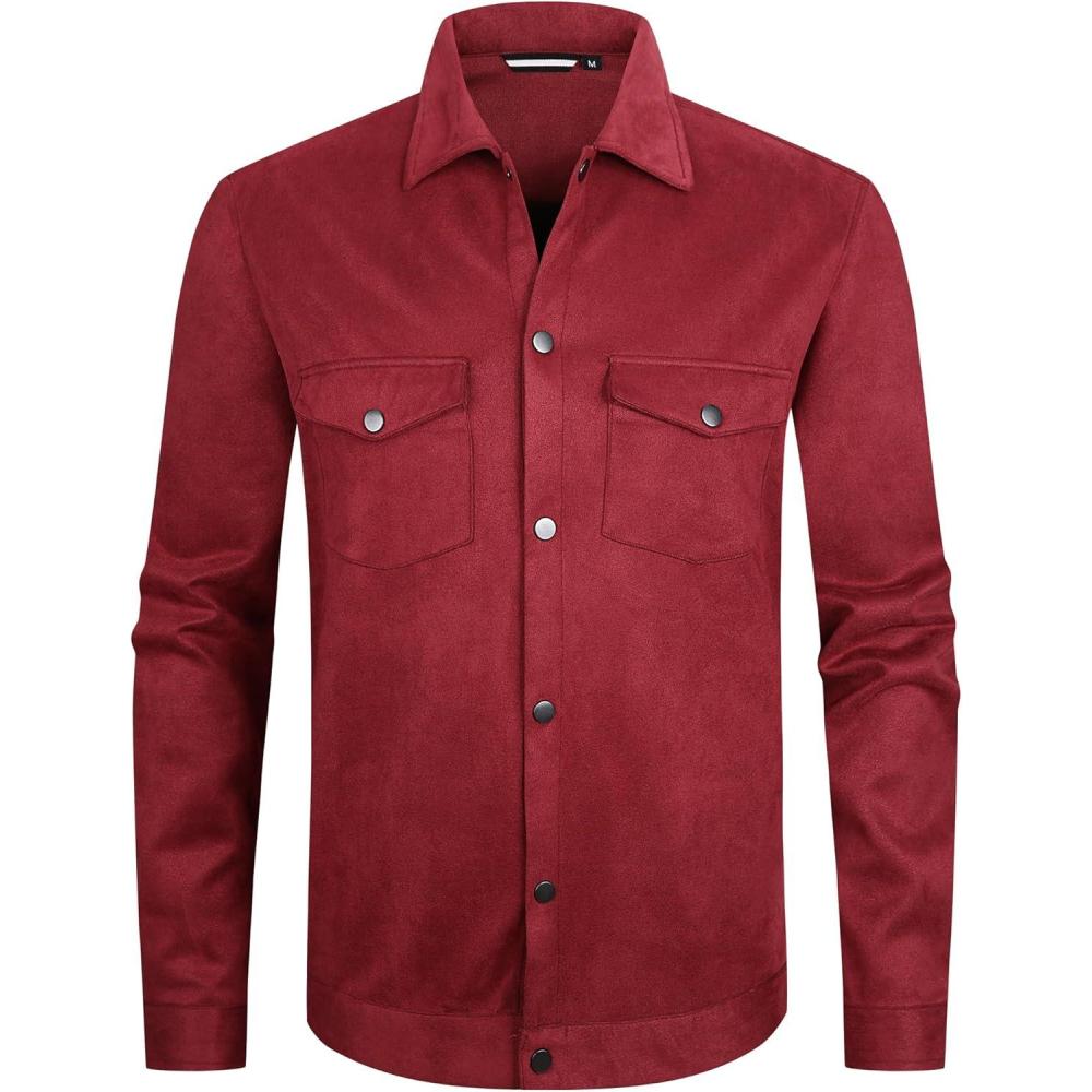 imageAlex Vando Mens Suede Shirt Jackets Long Sleeve Two Pockets Snap Casual Button Down ShirtsWine