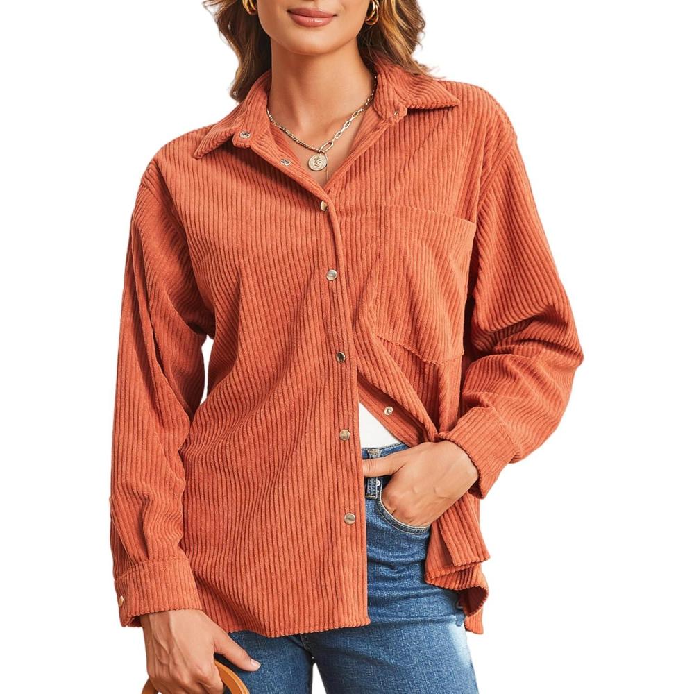 imageAlex Vando Womens Corduroy Shirts Long Sleeve Soft Boyfriend Button Down Shirts for WomenBurnt Orange