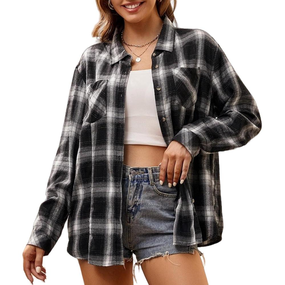 imageAlex Vando Womens Flannel Shirt Regular Long Sleeve Button Down Flannel Shirts for WomenBlackWhite 01