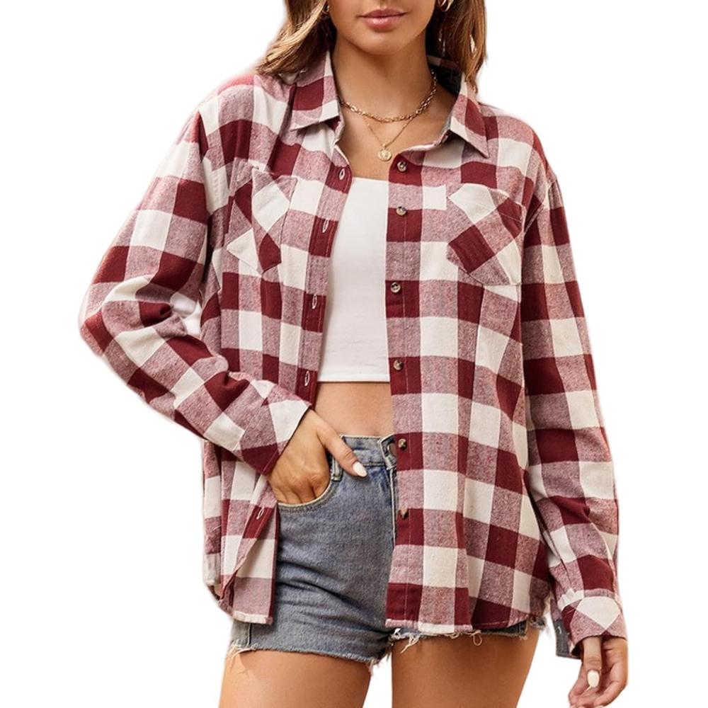 imageAlex Vando Womens Flannel Shirt Regular Long Sleeve Button Down Flannel Shirts for WomenBurgundyWhite 01