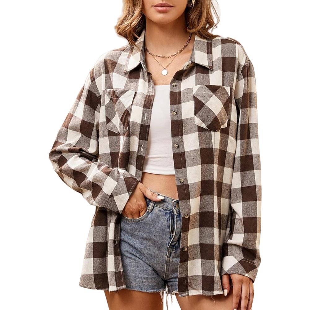 imageAlex Vando Womens Flannel Shirt Regular Long Sleeve Button Down Flannel Shirts for WomenCoffeeWhite 01