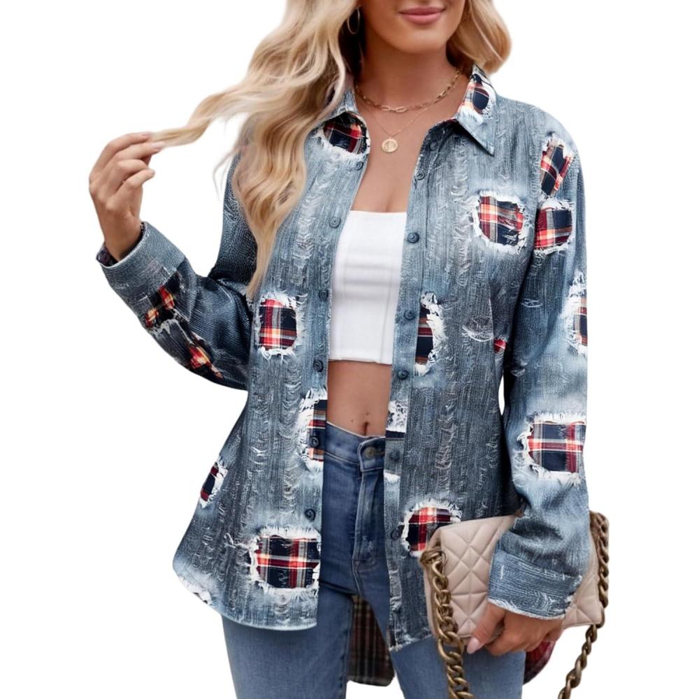imageAlex Vando Womens Flannel Shirt Regular Long Sleeve Button Down Flannel Shirts for WomenDistressed Blue