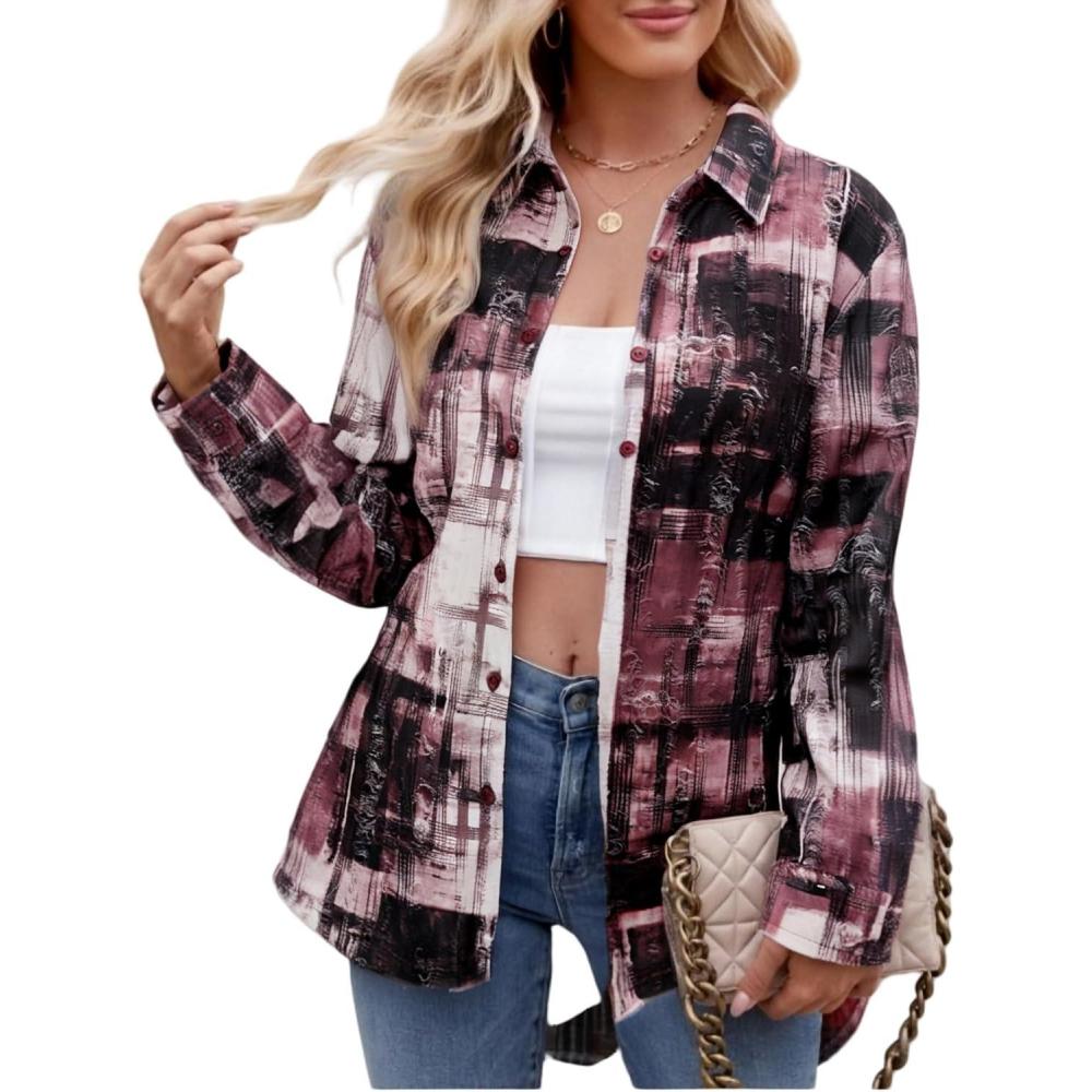 imageAlex Vando Womens Flannel Shirt Regular Long Sleeve Button Down Flannel Shirts for WomenDistressed Rose