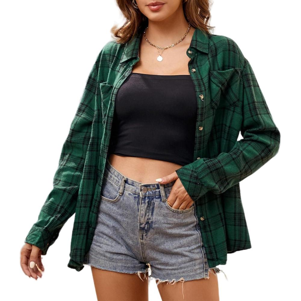imageAlex Vando Womens Flannel Shirt Regular Long Sleeve Button Down Flannel Shirts for WomenGreenBlack 01