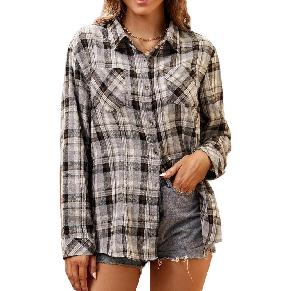 imageAlex Vando Womens Flannel Shirt Regular Long Sleeve Button Down Flannel Shirts for WomenGreyWhite 01