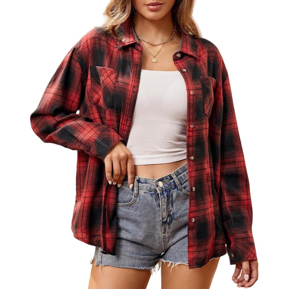 imageAlex Vando Womens Flannel Shirt Regular Long Sleeve Button Down Flannel Shirts for WomenRed 01
