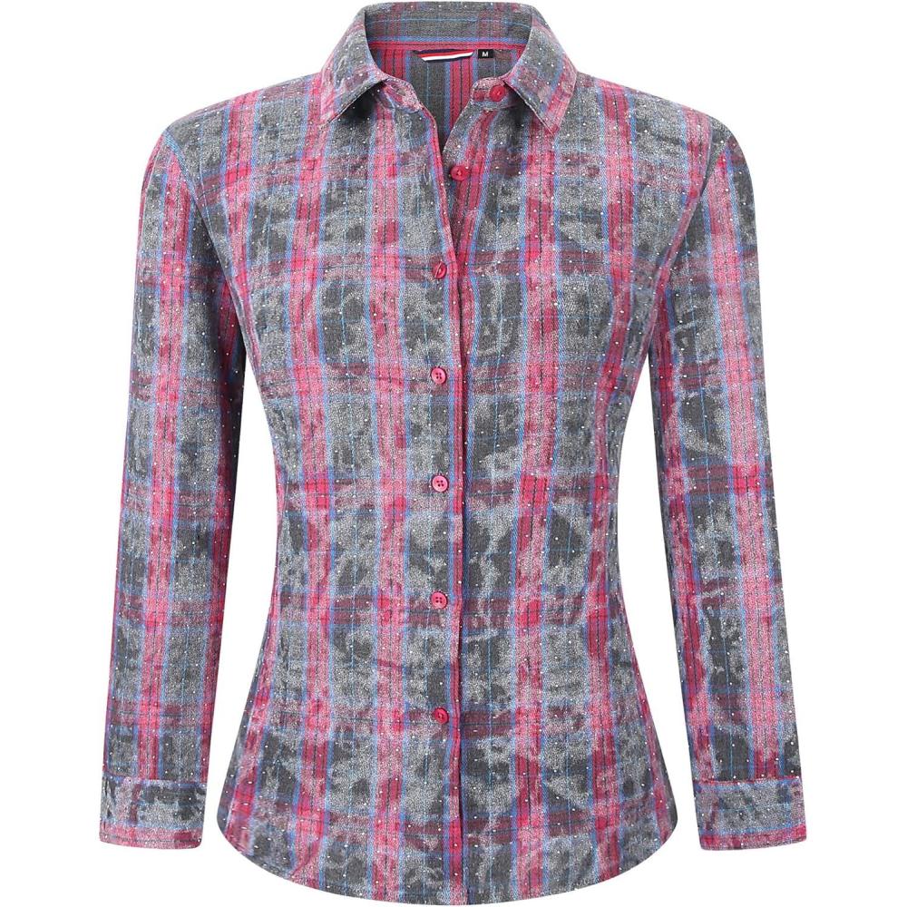 imageAlex Vando Womens Flannel Shirt Regular Long Sleeve Button Down Flannel Shirts for WomenRhinestone RoseGrey