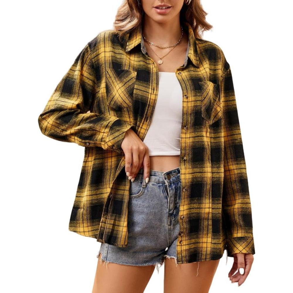 imageAlex Vando Womens Flannel Shirt Regular Long Sleeve Button Down Flannel Shirts for WomenYellowBlack 01