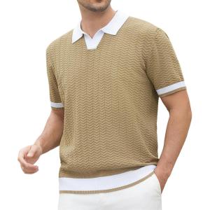 Alex Vando Mens Bubble Jacquard Polo Shirt Super Stretch Short Sleeve Polo Shirts for Men(6131 Khaki)