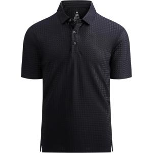 Alex Vando Mens Bubble Jacquard Polo Shirt Super Stretch Short Sleeve Polo Shirts for Men(Black)