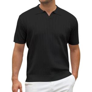 Alex Vando Mens Bubble Jacquard Polo Shirt Super Stretch Short Sleeve Polo Shirts for Men(Solid Black)