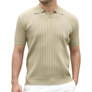 Alex Vando Mens Bubble Jacquard Polo Shirt Super Stretch Short Sleeve Polo Shirts for Men(Solid Khaki)