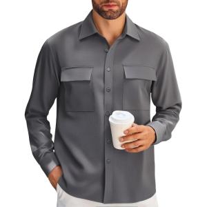 Alex Vando Mens Button Down Shirts Two Pockets Long Sleeve Casual Dress Shirt for Men(Charcoal)