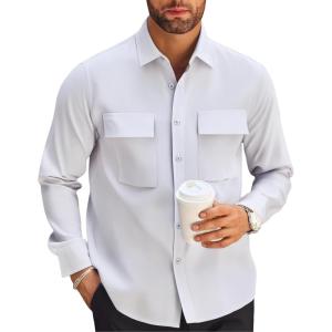 Alex Vando Mens Button Down Shirts Two Pockets Long Sleeve Casual Dress Shirt for Men(Grey)