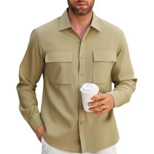 Alex Vando Mens Button Down Shirts Two Pockets Long Sleeve Casual Dress Shirt for Men(Khaki)