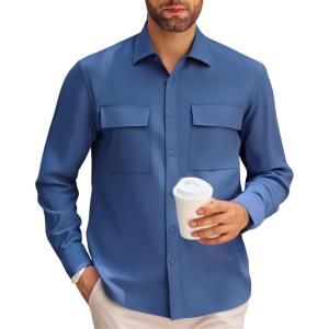 Alex Vando Mens Button Down Shirts Two Pockets Long Sleeve Casual Dress Shirt for Men(Navy)