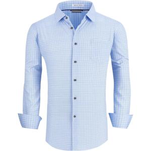 Alex Vando Mens Button Down Shirts Wrinkle Free 4-Way Stretch Print Business Casual Shirt(04 Lt Blue Plaid)