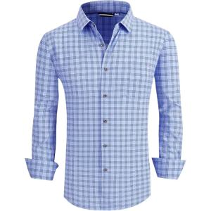 Alex Vando Mens Button Down Shirts Wrinkle Free 4-Way Stretch Print Business Casual Shirt(05 Blue Plaid)