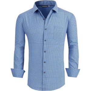 Alex Vando Mens Button Down Shirts Wrinkle Free 4-Way Stretch Print Business Casual Shirt(256 Blue Square)