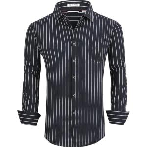 Alex Vando Mens Button Down Shirts Wrinkle Free 4-Way Stretch Print Business Casual Shirt(Black Stripe)