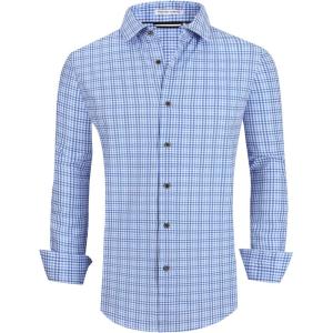 Alex Vando Mens Button Down Shirts Wrinkle Free 4-Way Stretch Print Business Casual Shirt(Blue Plaid)
