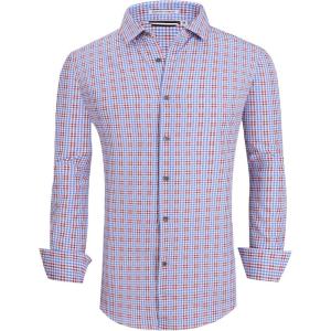 Alex Vando Mens Button Down Shirts Wrinkle Free 4-Way Stretch Print Business Casual Shirt(Blue/Red)