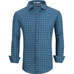 Alex Vando Mens Button Down Shirts Wrinkle Free 4-Way Stretch Print Business Casual Shirt(Navy/Green)