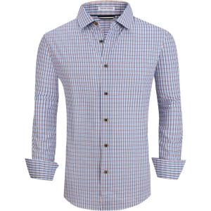 Alex Vando Mens Button Down Shirts Wrinkle Free 4-Way Stretch Print Business Casual Shirt(Navy/Orange)