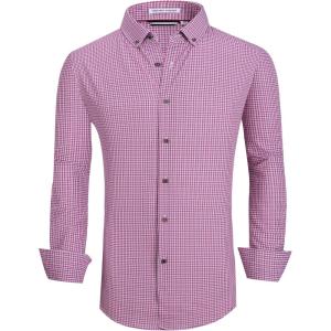 Alex Vando Mens Button Down Shirts Wrinkle Free 4-Way Stretch Print Business Casual Shirt(Red Plaid)