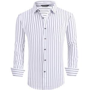 Alex Vando Mens Button Down Shirts Wrinkle Free 4-Way Stretch Print Business Casual Shirt(White Stripe)
