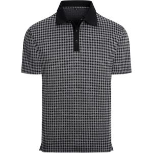 Alex Vando Mens Check Golf Shirt Contrast Rib Collar Short Sleeve Polo Shirts for Men(Black/Grey)