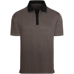 Alex Vando Mens Check Golf Shirt Contrast Rib Collar Short Sleeve Polo Shirts for Men(Black/Khaki)