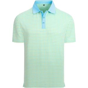 Alex Vando Mens Check Golf Shirt Contrast Rib Collar Short Sleeve Polo Shirts for Men(Blue/Yellow)