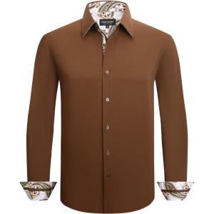 Alex Vando Men’s Cotton Stretch Dress Shirt Regular Fit Fashion Paisley Contrast Button Down Shirts(Coffee)