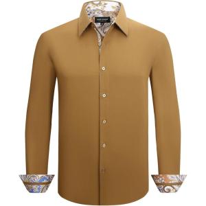 Alex Vando Men’s Cotton Stretch Dress Shirt Regular Fit Fashion Paisley Contrast Button Down Shirts(Khaki)