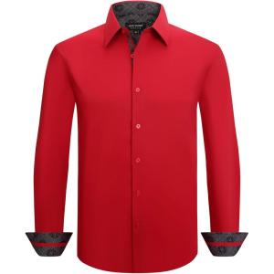 Alex Vando Men’s Cotton Stretch Dress Shirt Regular Fit Fashion Paisley Contrast Button Down Shirts(Red)