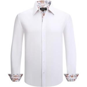 Alex Vando Men’s Cotton Stretch Dress Shirt Regular Fit Fashion Paisley Contrast Button Down Shirts(White)