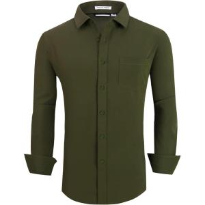 Alex Vando Mens Dress Shirt Wrinkle Free Regular Fit 4-Way Stretch Button Down Shirts(Army Green)