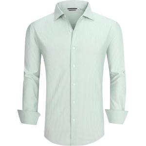 Alex Vando Mens Dress Shirt Wrinkle Free Regular Fit 4-Way Stretch Button Down Shirts(Green Stripe)
