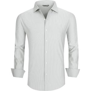 Alex Vando Mens Dress Shirt Wrinkle Free Regular Fit 4-Way Stretch Button Down Shirts(Grey Stripe)
