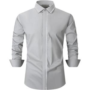 Alex Vando Mens Dress Shirt Wrinkle Free Regular Fit 4-Way Stretch Button Down Shirts(Hidden Grey)